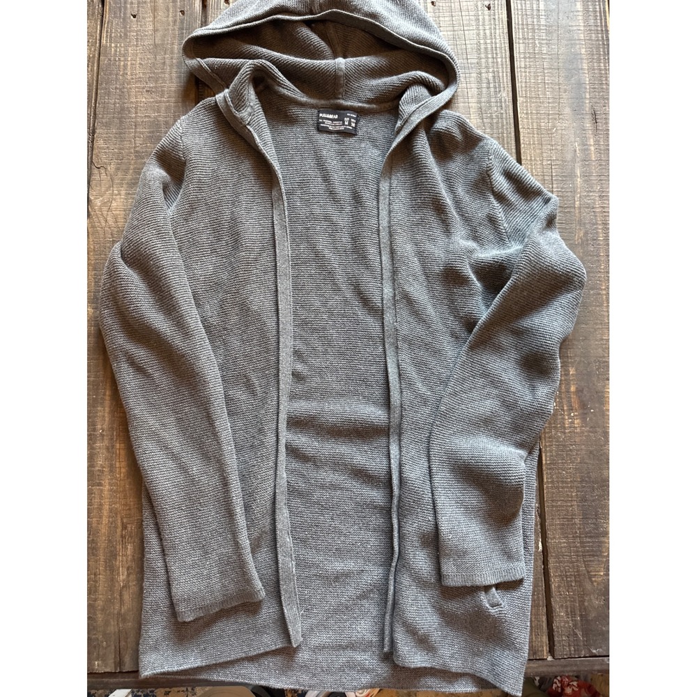 Pull&Bear Grey Textured Knit Hooded Open Front Cardigan Sweater Pockets Medium